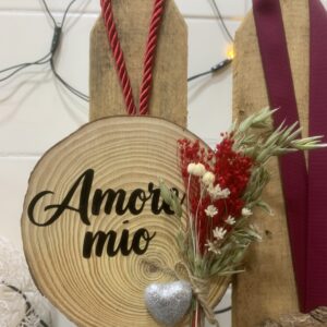 Rodaja de madera "Amore mio" con flor seca